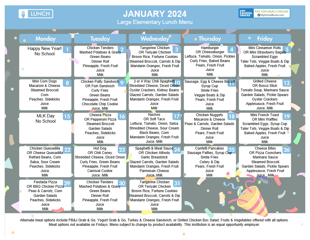 Jan Menu 2024 St. Timothy Catholic School